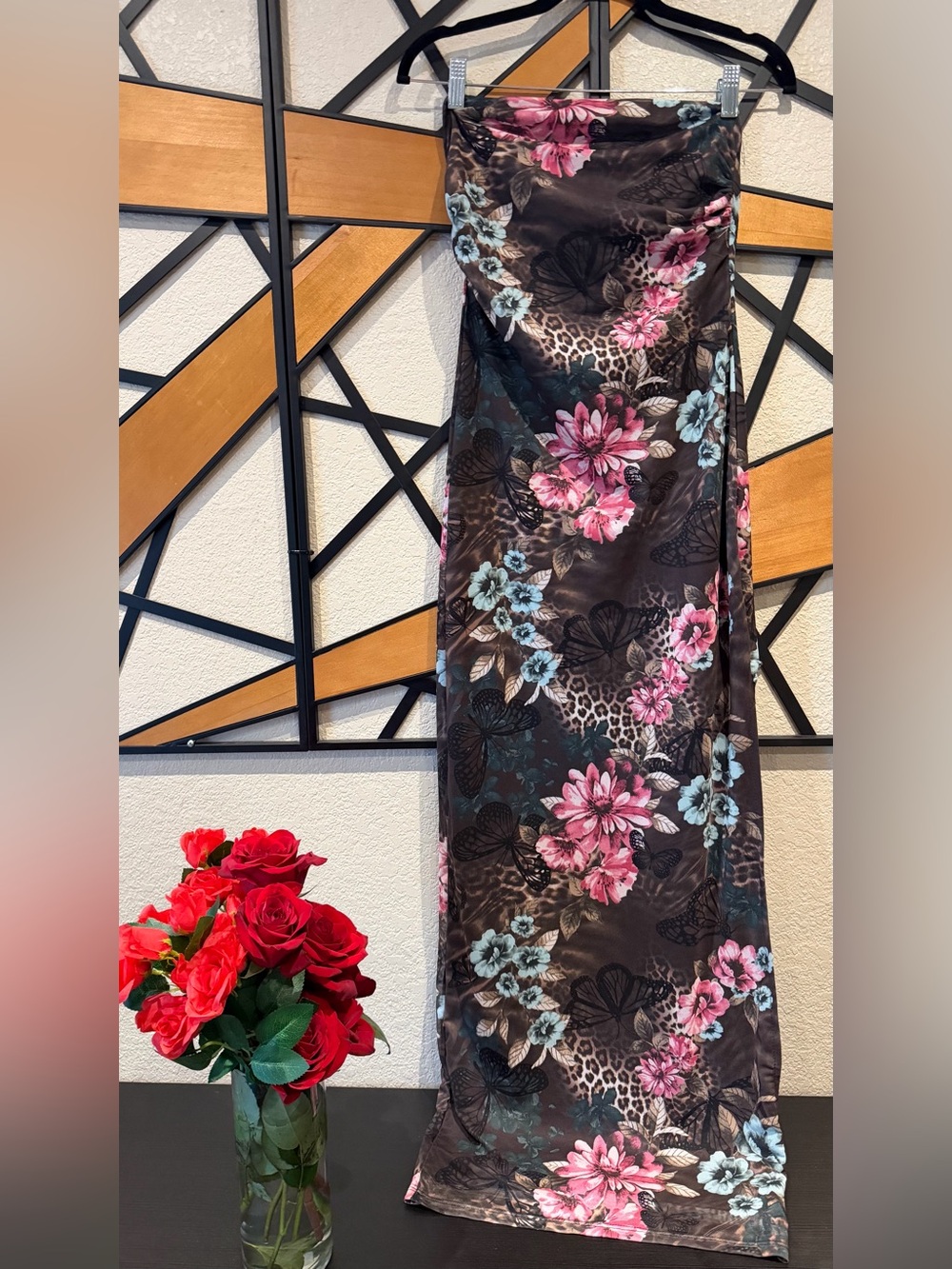 Forever 21 Brown Maxi Skirt with Pink & Blue Floral Print